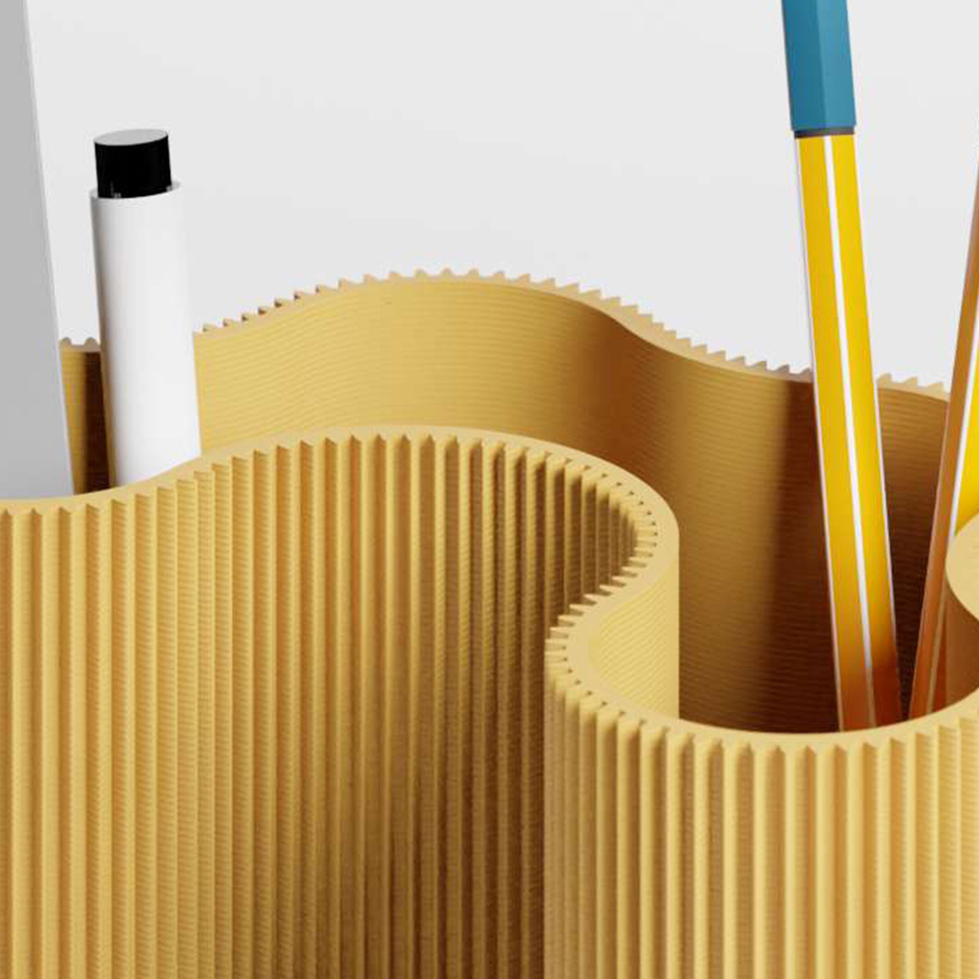 Detail der gerippten Struktur des KORALLE Stiftehalters Modul vier in Senfgelb aus dem 3D Druck #farbe_senfgelb