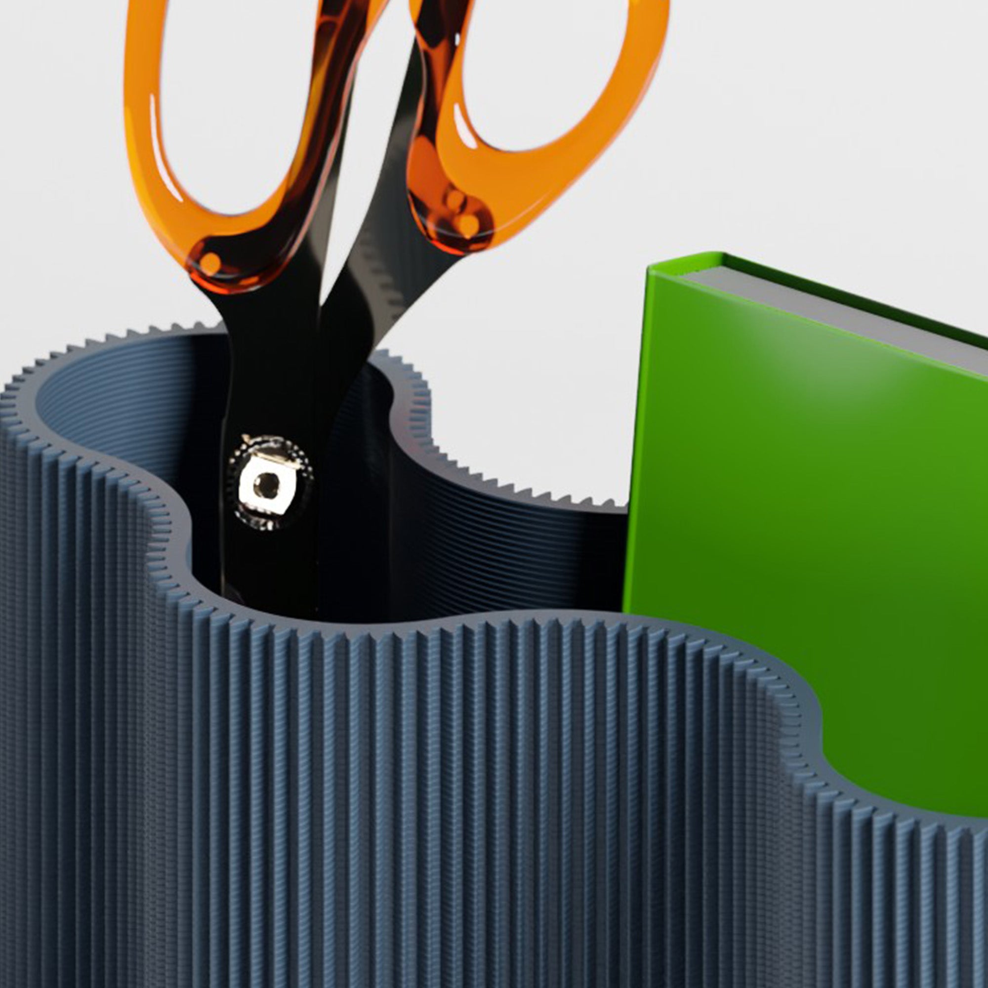Detail vom Stiftehalter KORALLE Modul FÜNF in navyblau aus dem 3D Druck mit Schere #farbe_navyblau