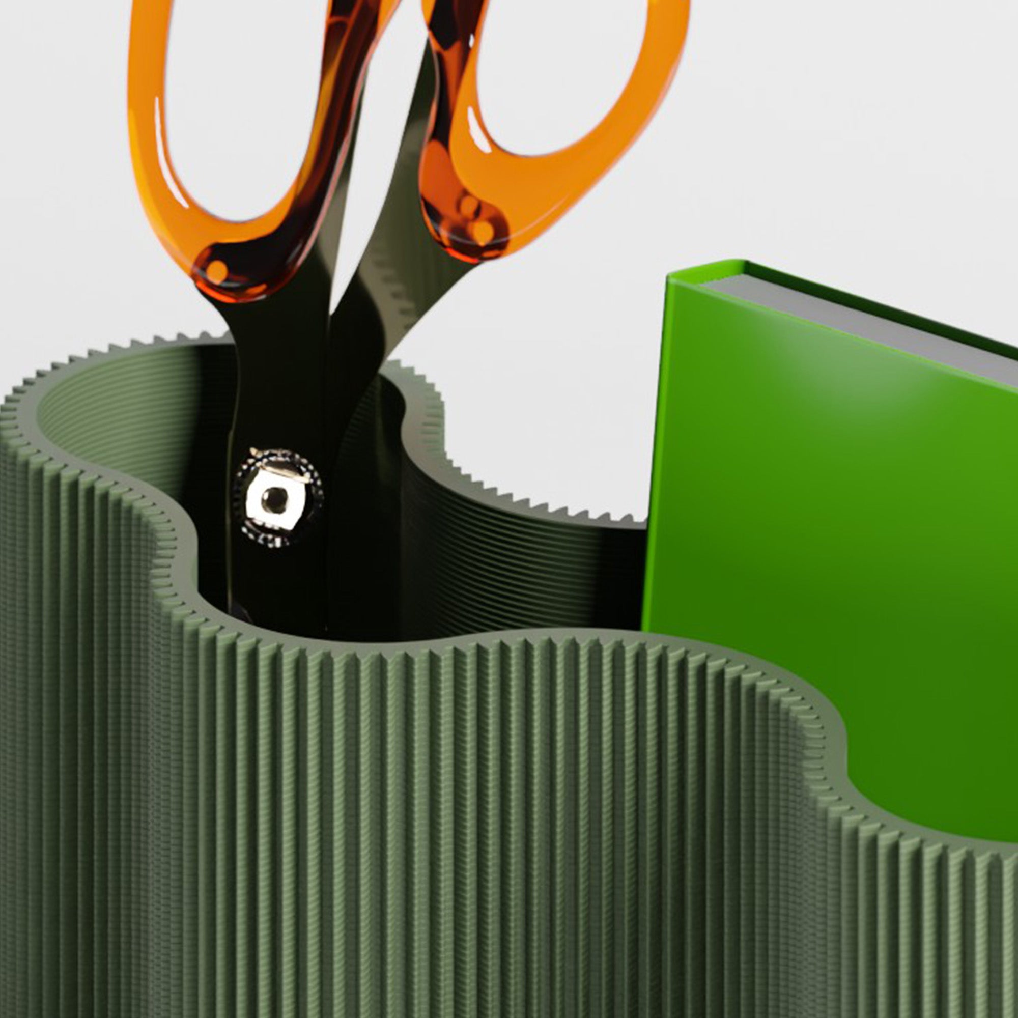 Detail vom Stiftehalter KORALLE Modul FÜNF in olivgrün aus dem 3D Druck mit Schere #farbe_olivgrün