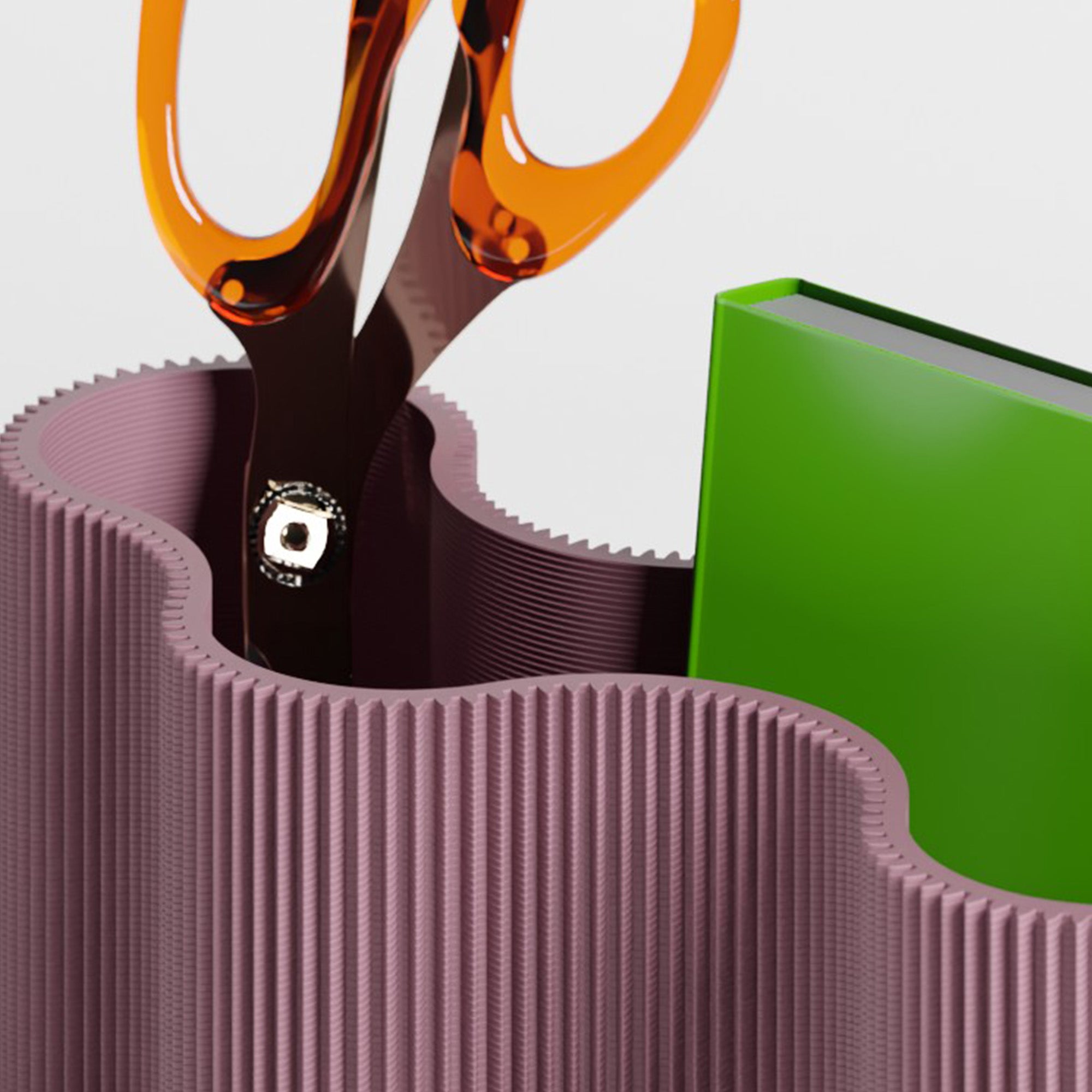 Detail vom Stiftehalter KORALLE Modul FÜNF in lila aus dem 3D Druck mit Schere #farbe_aschlila
