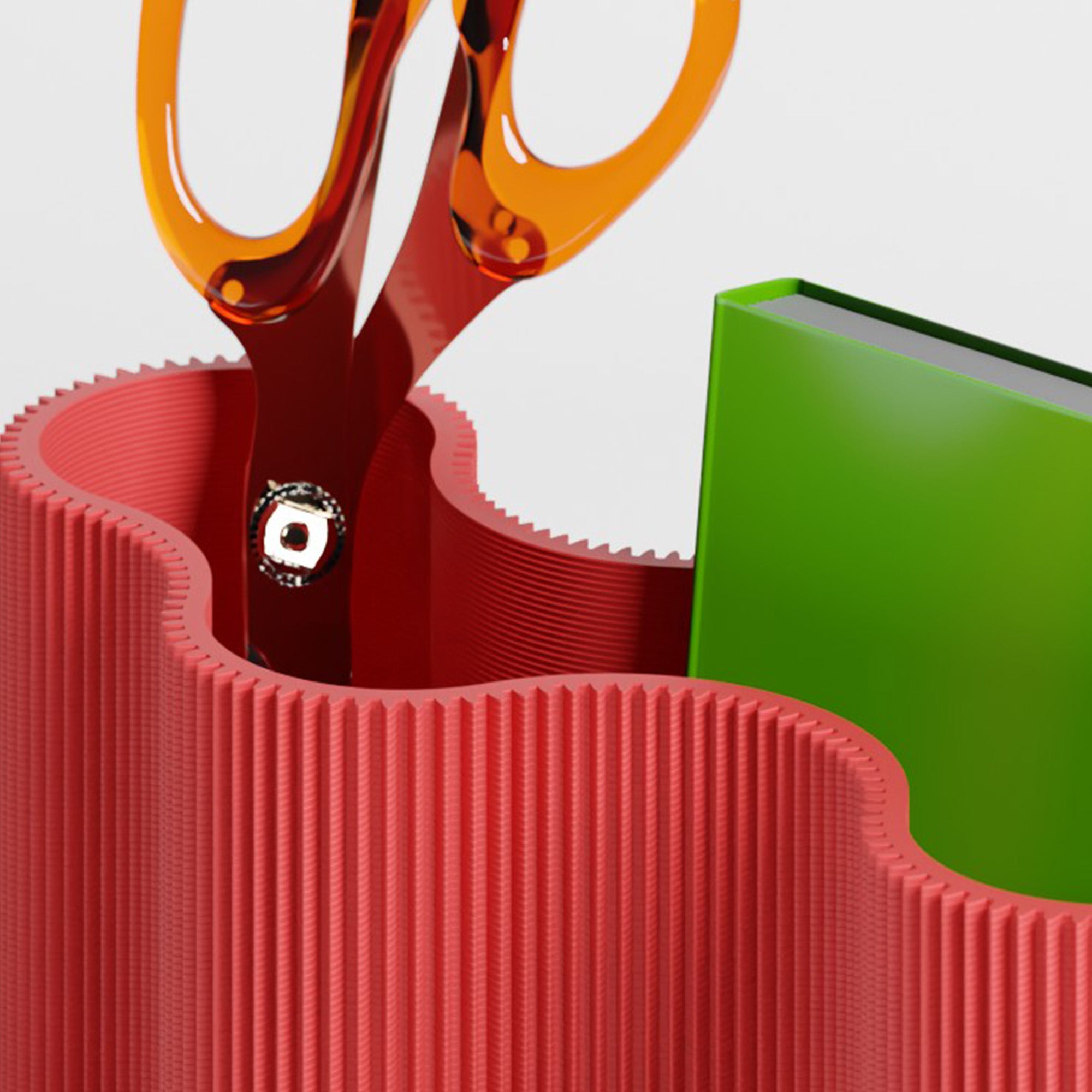 Detail vom Stiftehalter KORALLE Modul FÜNF in rot aus dem 3D Druck mit Schere #farbe_rot