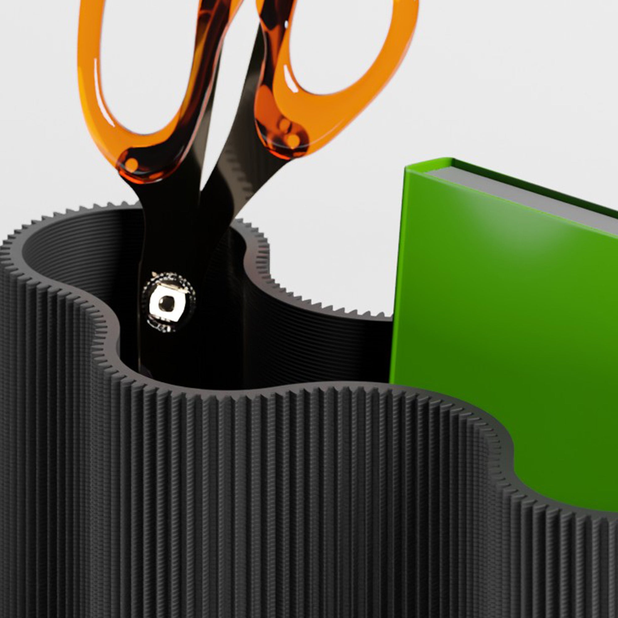 Detail vom Stiftehalter KORALLE Modul FÜNF in Schwarz aus dem 3D Druck mit Schere #farbe_schwarz