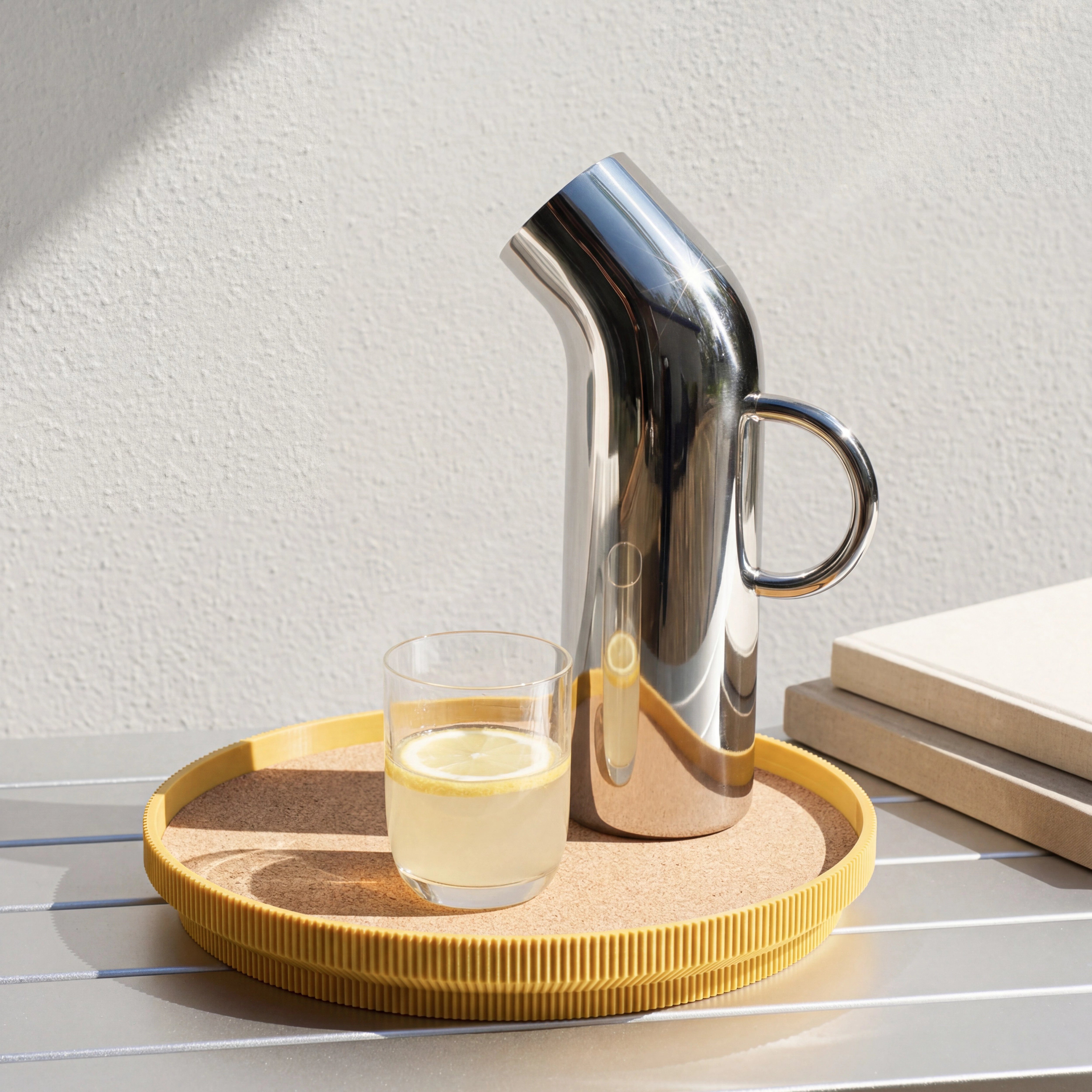 Rundes Deko-Tablett in osenfgelb mit Korkoberfläche aus dem 3D Druck mit Karaffe und Wasserglas #farbe_senfgelb