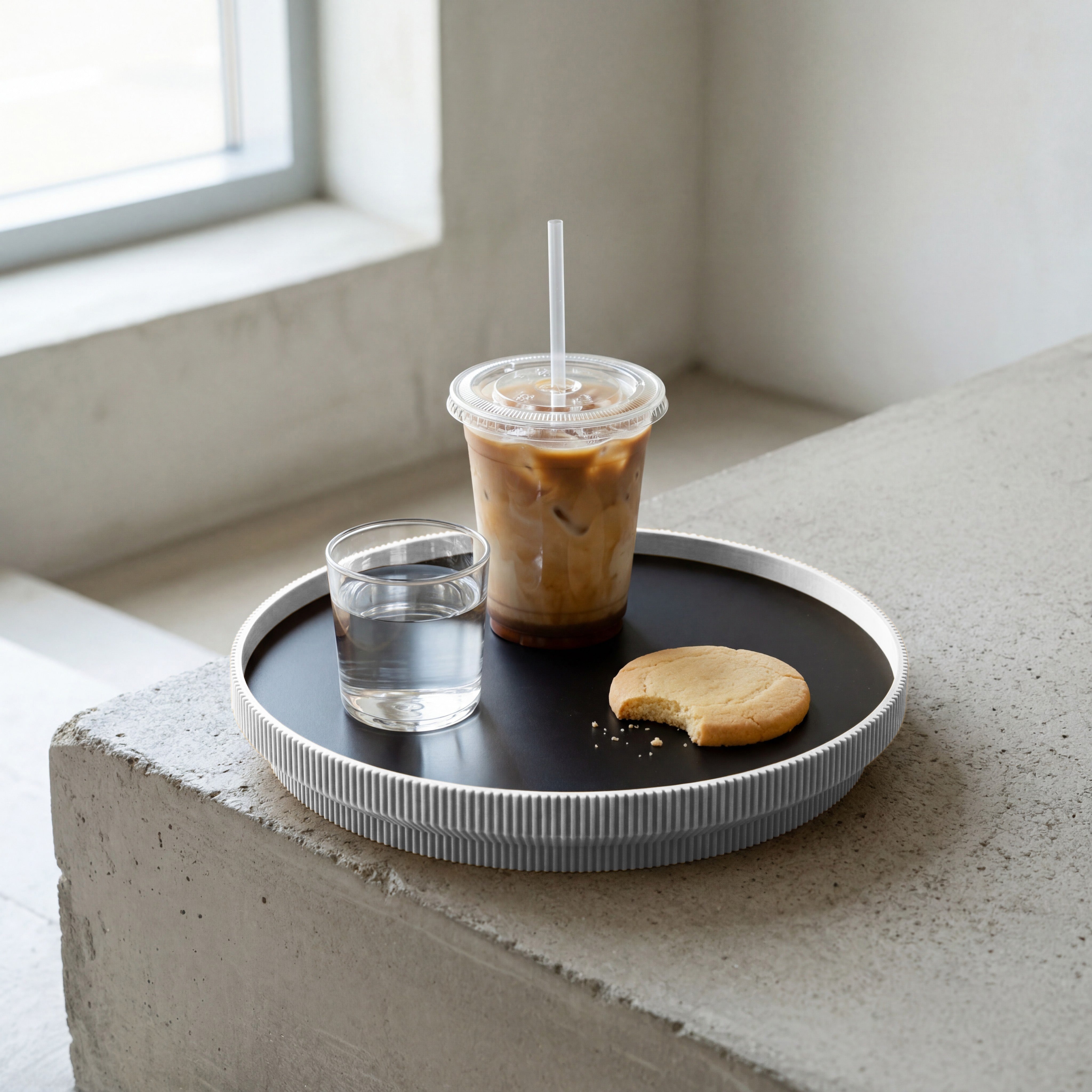 Rundes Deko-Tablett in grau aus dem 3D Druck mit Eiskaffee, Wasserglas und Keks am Fenster #ringfarbe_hellgrau