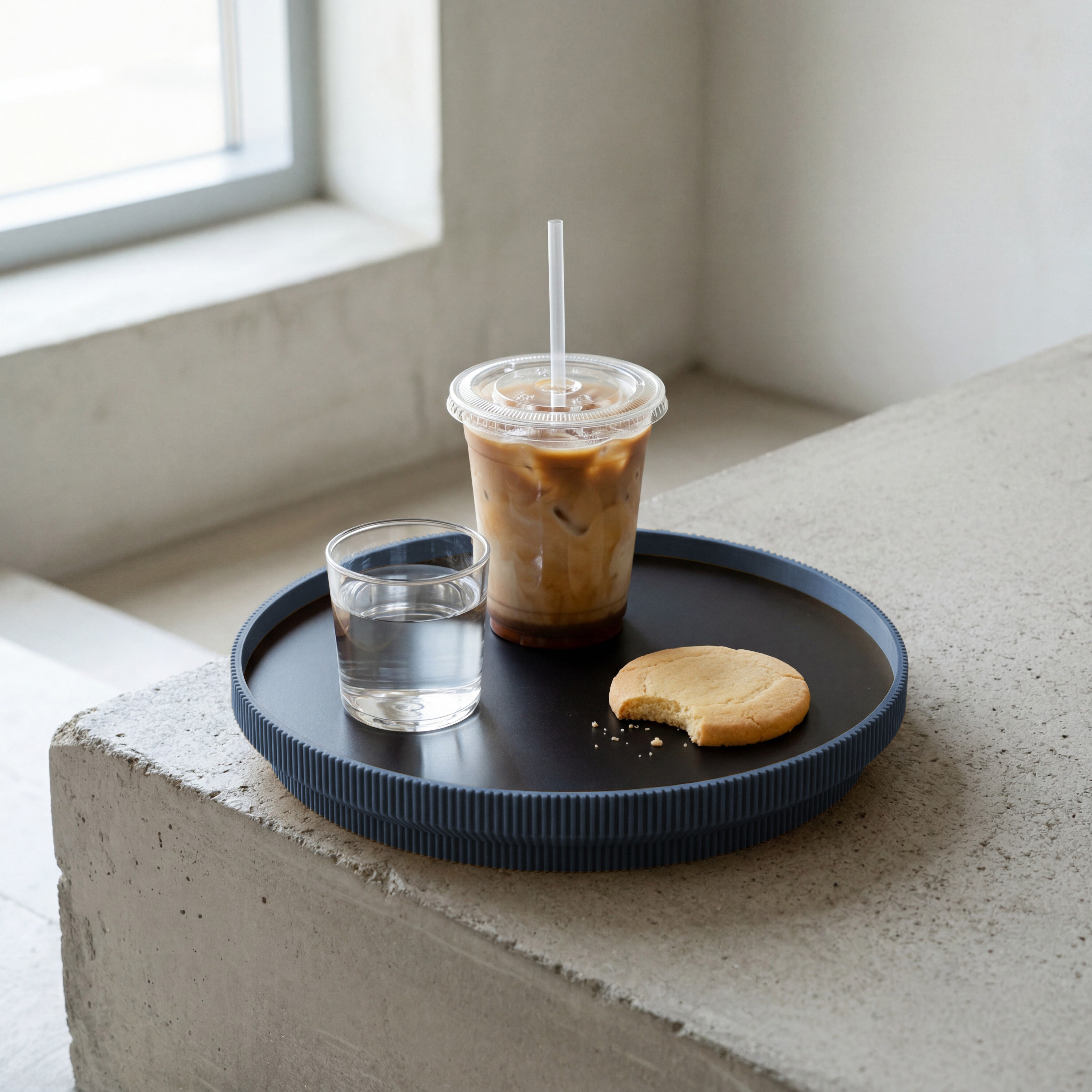 Rundes Deko-Tablett in navyblau aus dem 3D Druck mit Eiskaffee, Wasserglas und Keks am Fenster #ringfarbe_navyblau