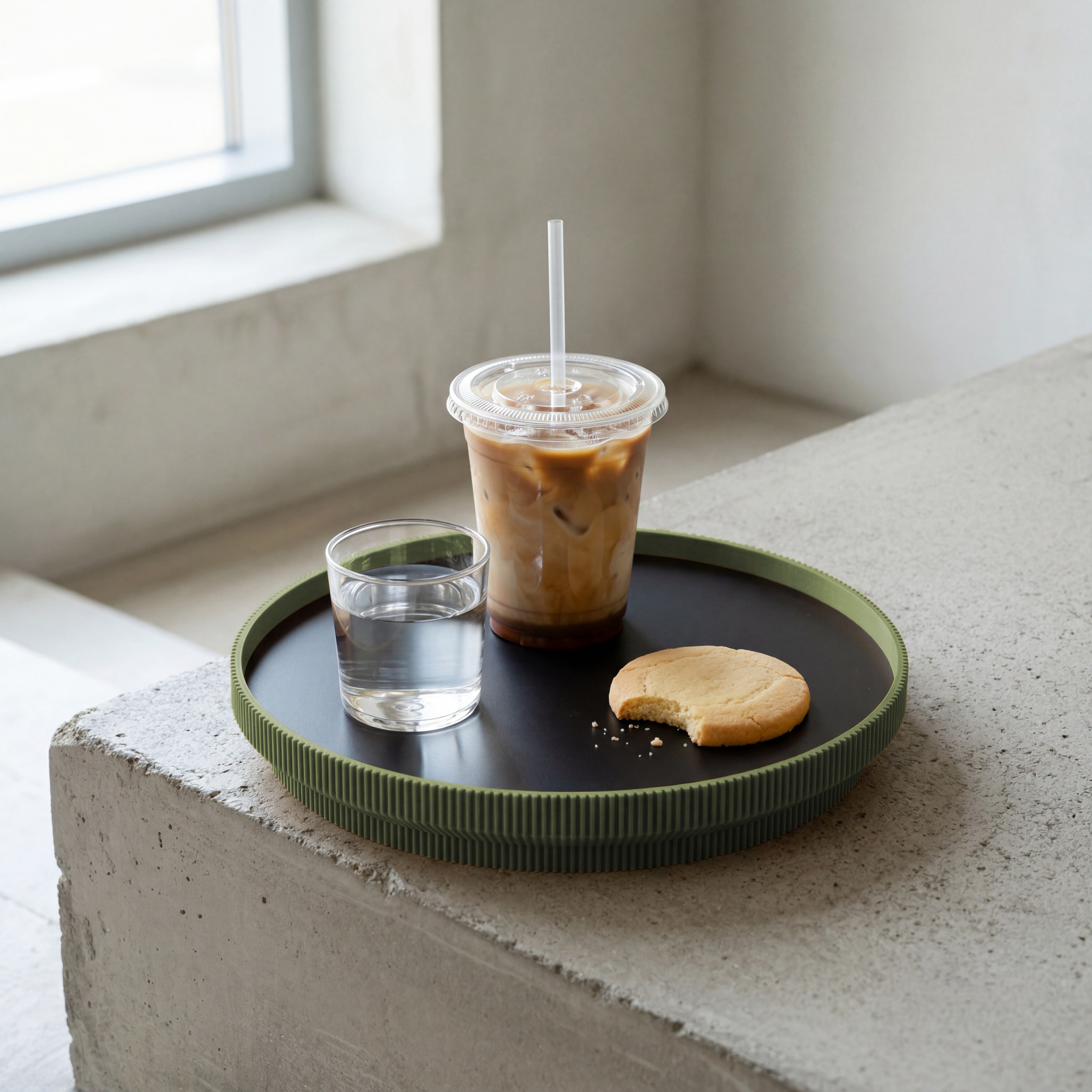 Rundes Deko-Tablett in olivgrün aus dem 3D Druck mit Eiskaffee, Wasserglas und Keks am Fenster ##ringfarbe_olivgrün