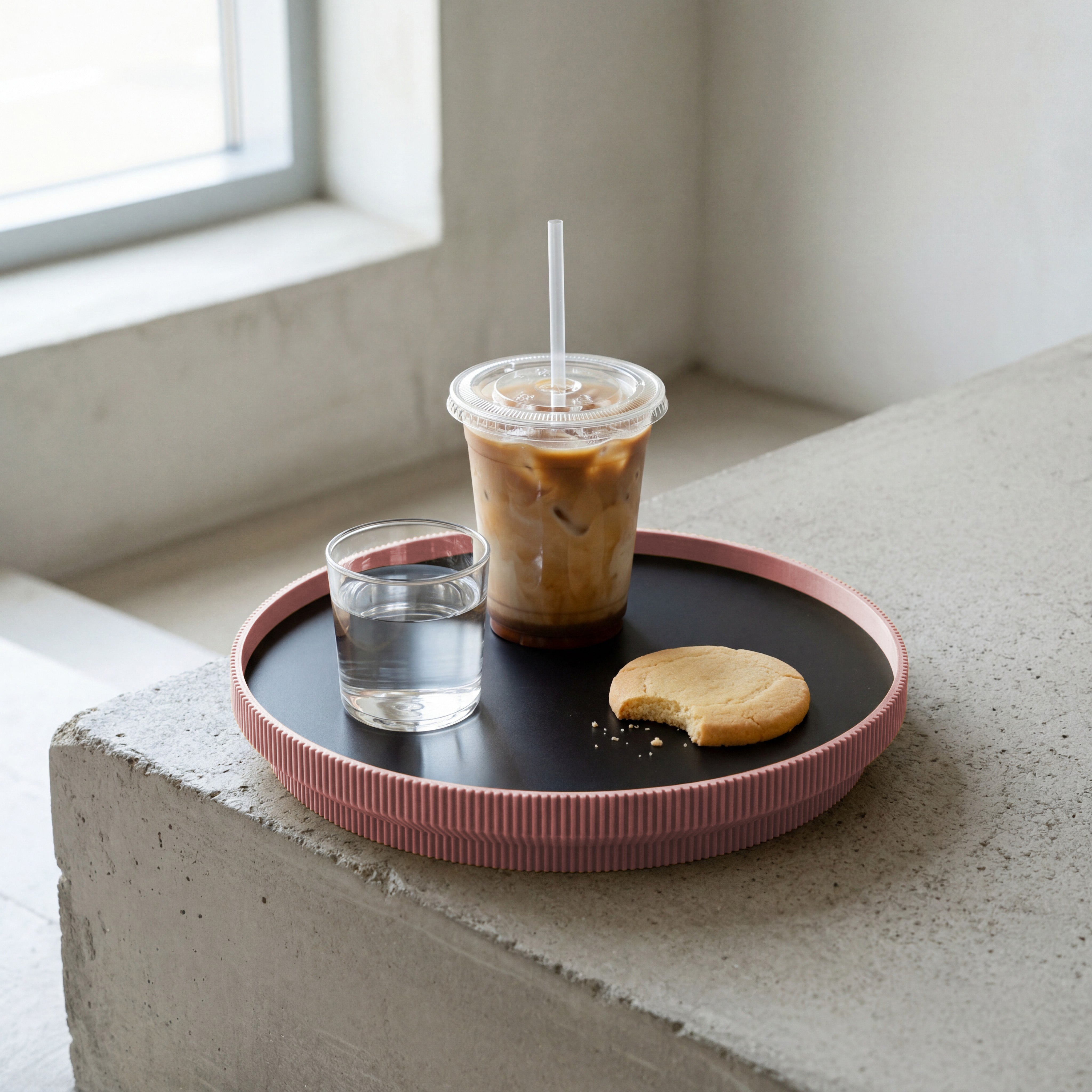 Rundes Deko-Tablett in terracotta aus dem 3D Druck mit Eiskaffee, Wasserglas und Keks am Fenster #ringfarbe_terracotta