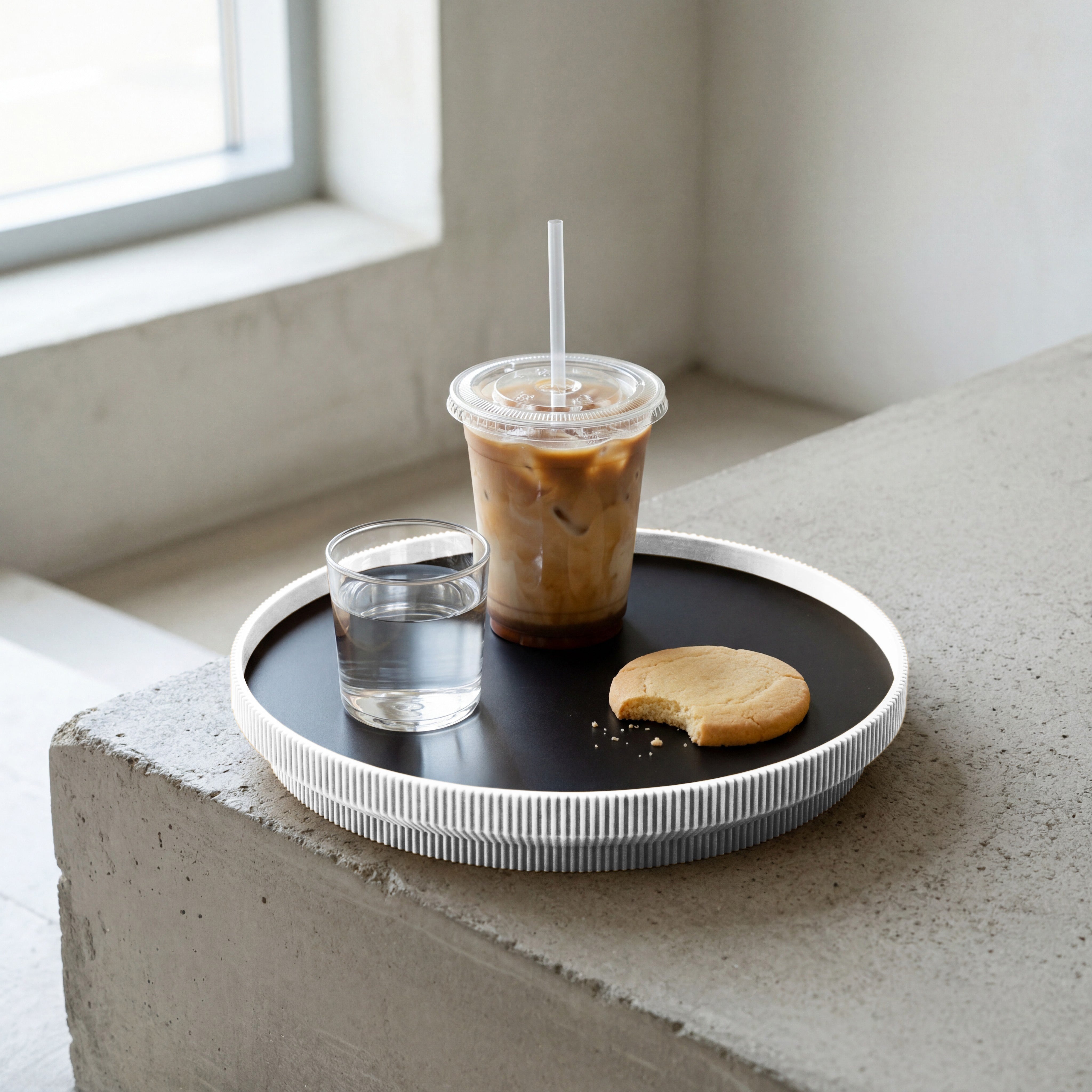 Rundes Deko-Tablett in weiss aus dem 3D Druck mit Eiskaffee, Wasserglas und Keks am Fenster #ringfarbe_weiss