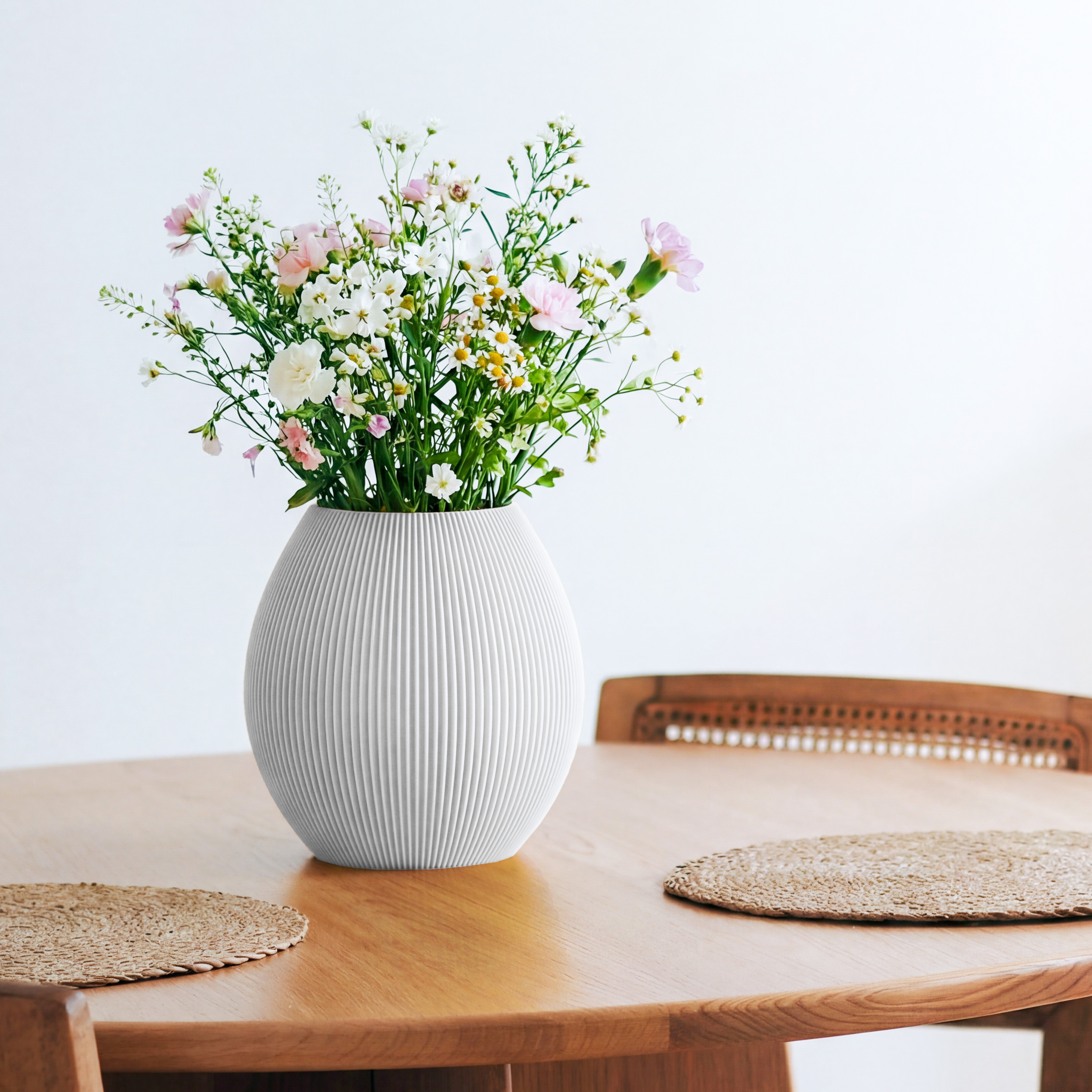 Bauchige Vase Rund in weiss mit Wildblumenstrauß auf einem Esstisch aus Holz #farbe_weiss