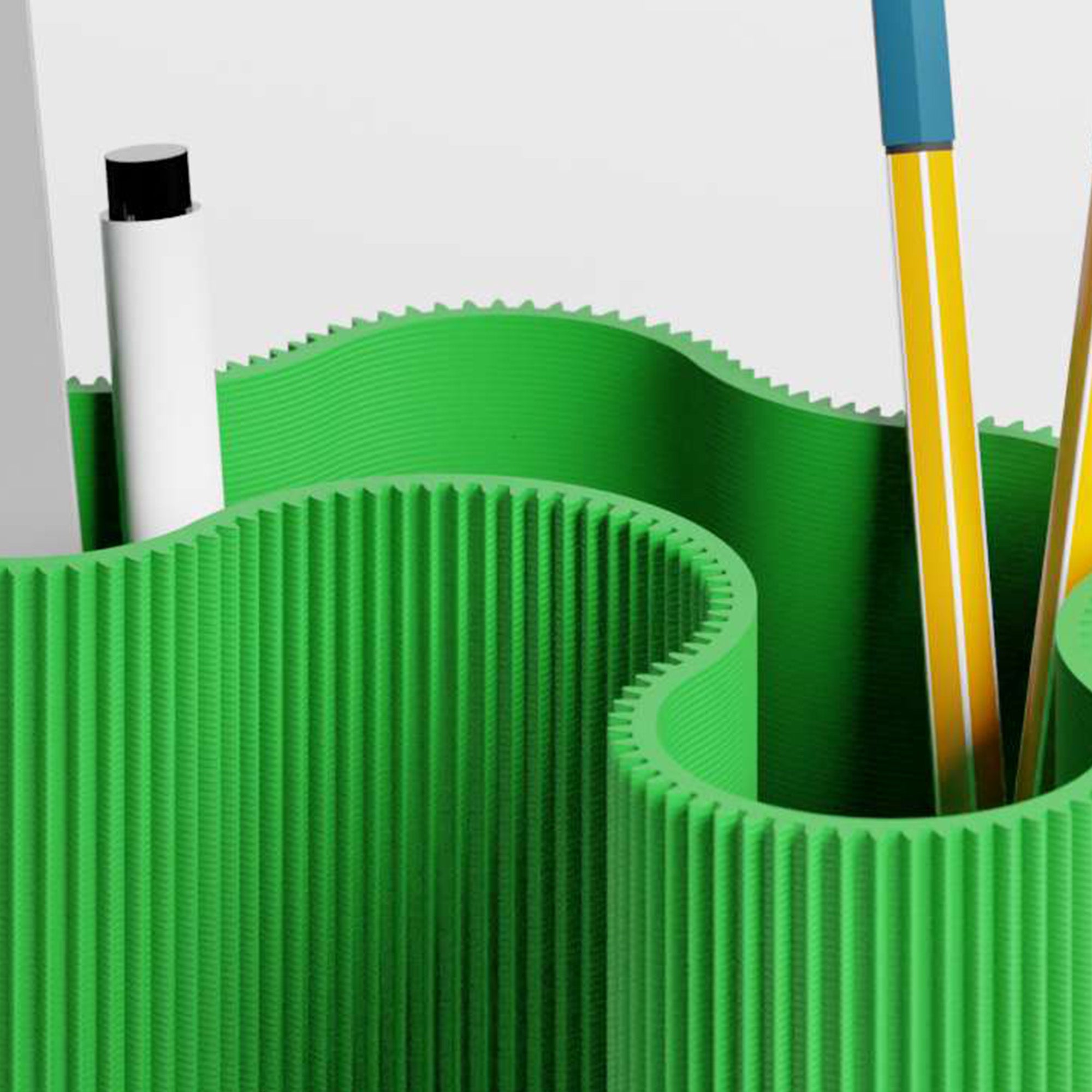 Detail der gerippten Struktur des KORALLE Stiftehalters Modul vier in grün aus dem 3D Druck #farbe_grün