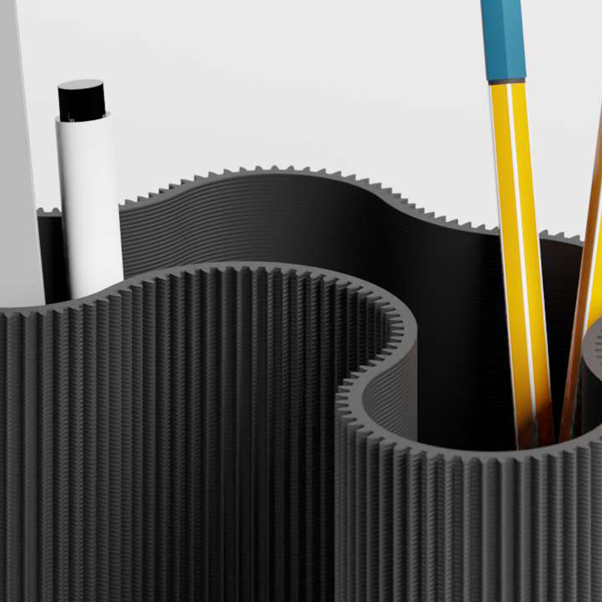 Detail der gerippten Struktur des KORALLE Stiftehalters Modul vier in schwarz aus dem 3D Druck #farbe_schwarz