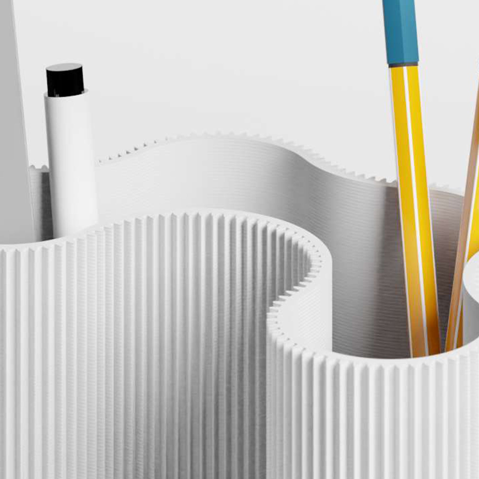 Detail der gerippten Struktur des KORALLE Stiftehalters Modul vier in weiss aus dem 3D Druck #farbe_weiß