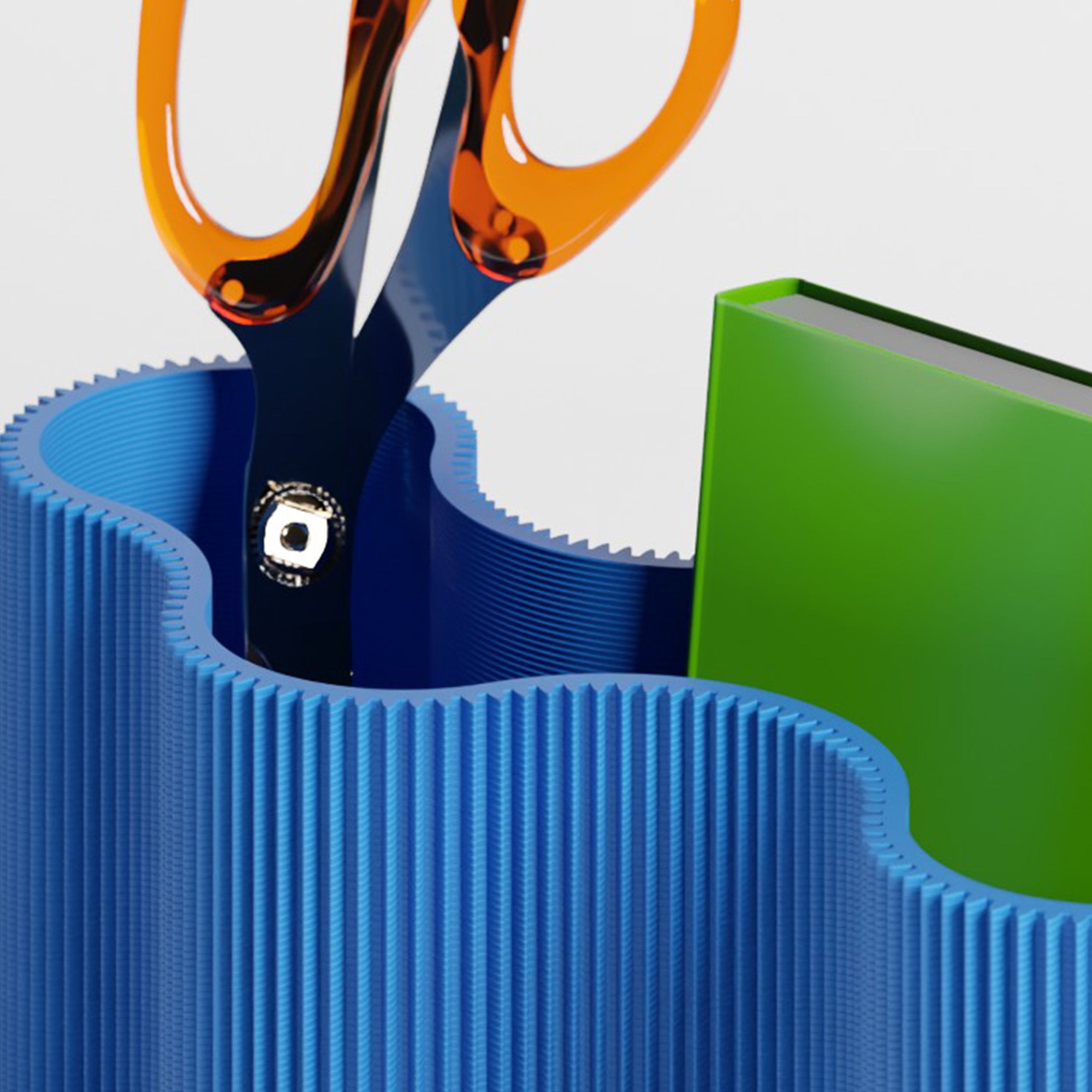 Detail vom Stiftehalter KORALLE Modul FÜNF in blau aus dem 3D Druck mit Schere #farbe_blau