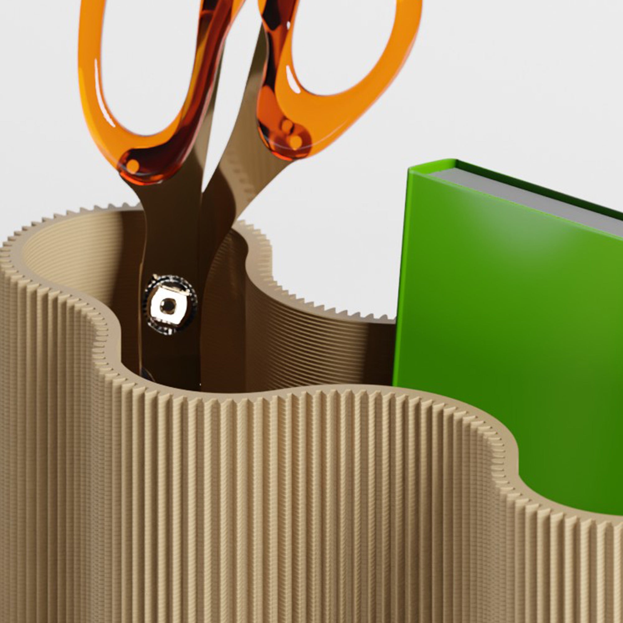 Detail vom Stiftehalter KORALLE Modul FÜNF in beige aus dem 3D Druck mit Schere #farbe_beige