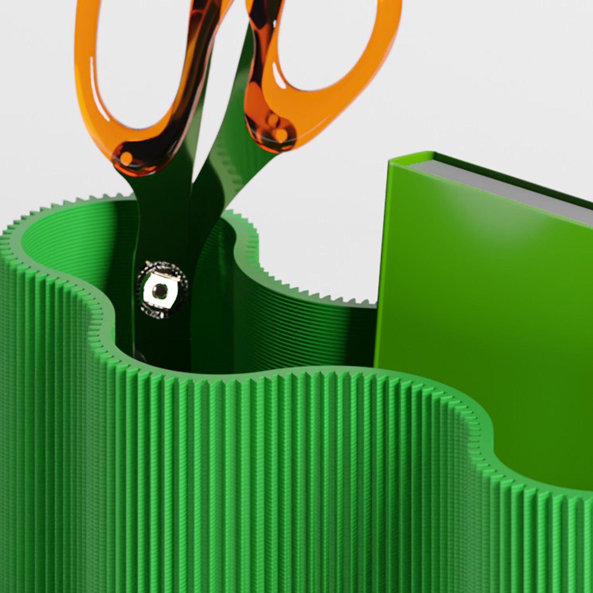 Detail vom Stiftehalter KORALLE Modul FÜNF in grün aus dem 3D Druck mit Schere #farbe_grün