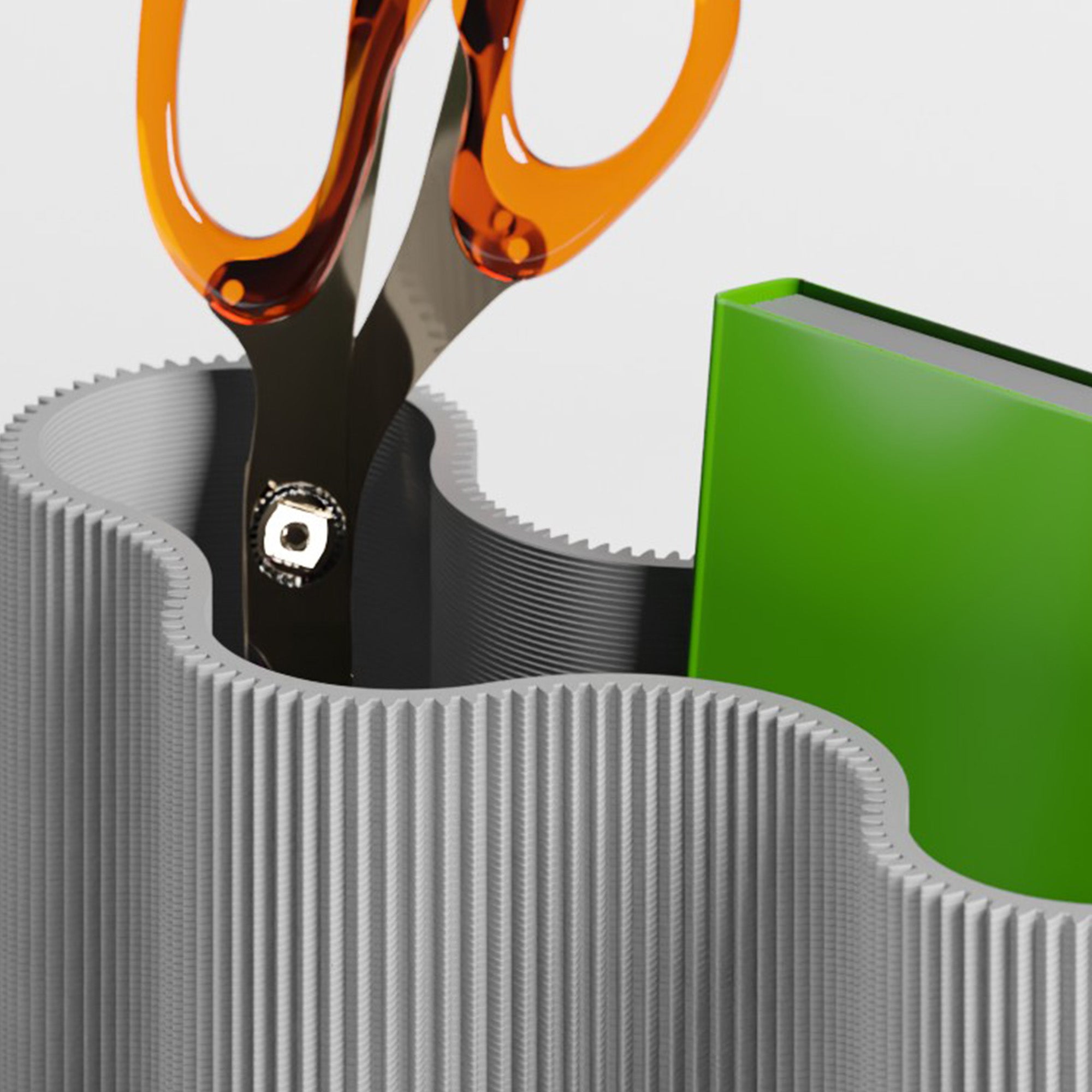 Detail vom Stiftehalter KORALLE Modul FÜNF in grau aus dem 3D Druck mit Schere #farbe_hellgrau