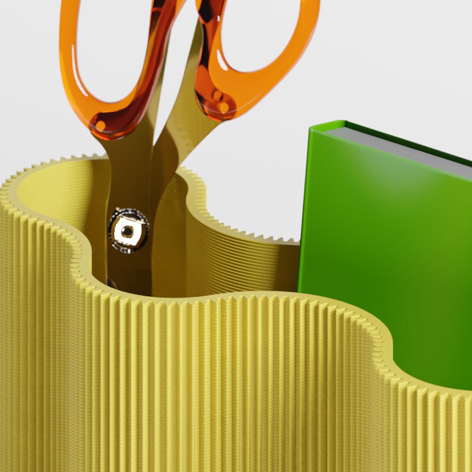 Detail vom Stiftehalter KORALLE Modul FÜNF in gelb aus dem 3D Druck mit Schere #farbe_gelb