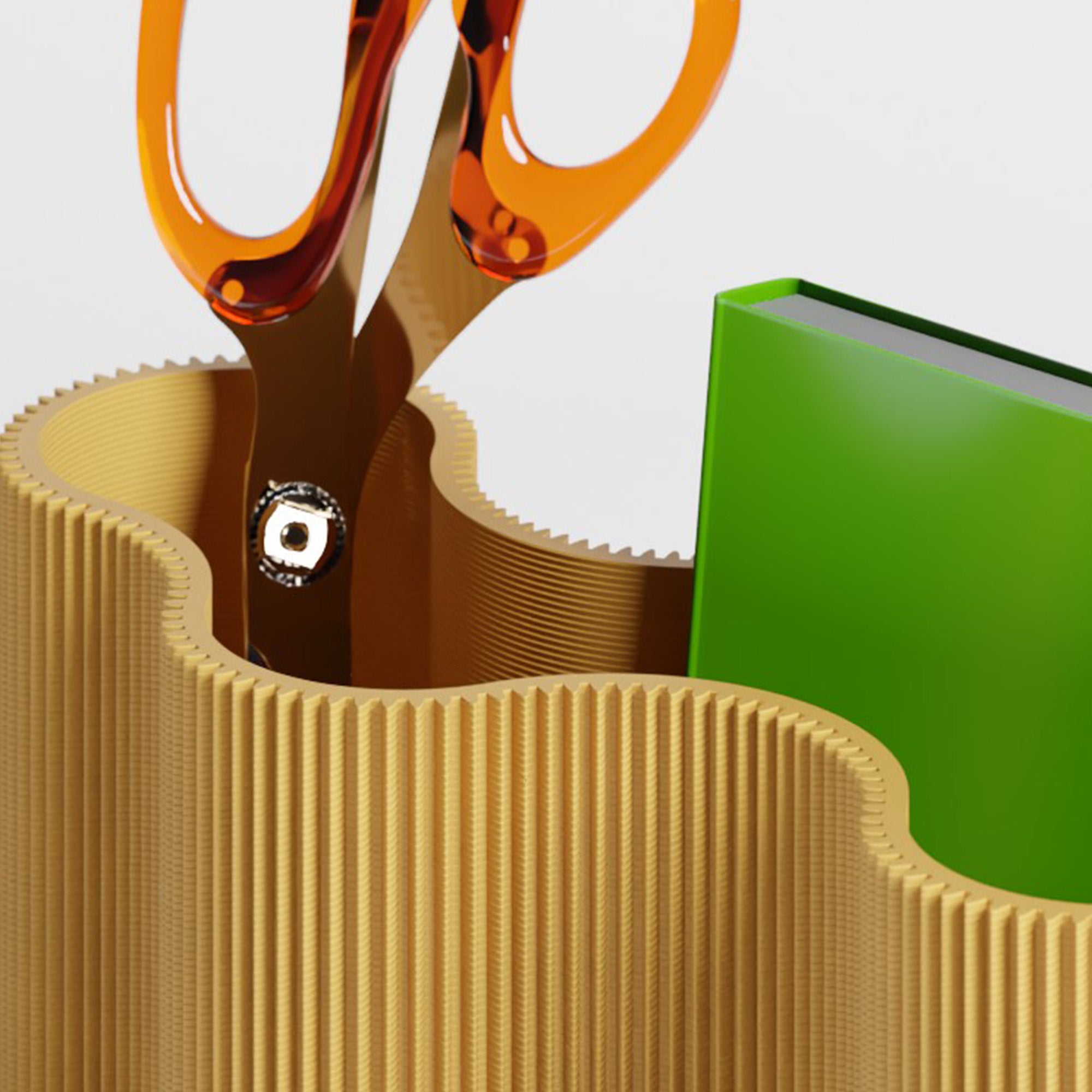 Detail vom Stiftehalter KORALLE Modul FÜNF in senfgelb aus dem 3D Druck mit Schere #farbe_senfgelb