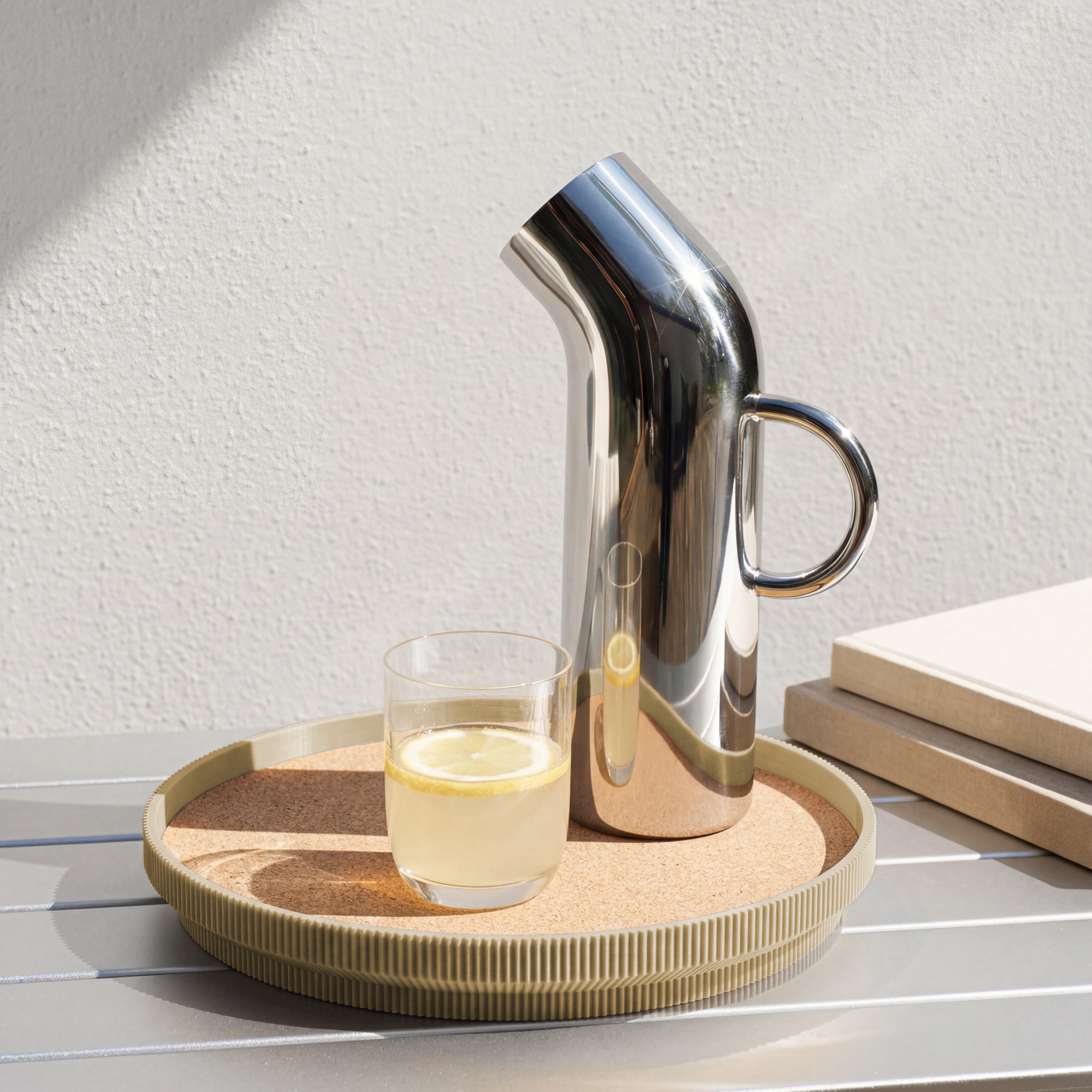 Rundes Deko-Tablett in beige mit Korkoberfläche aus dem 3D Druck mit Karaffe und Wasserglas #farbe_beige