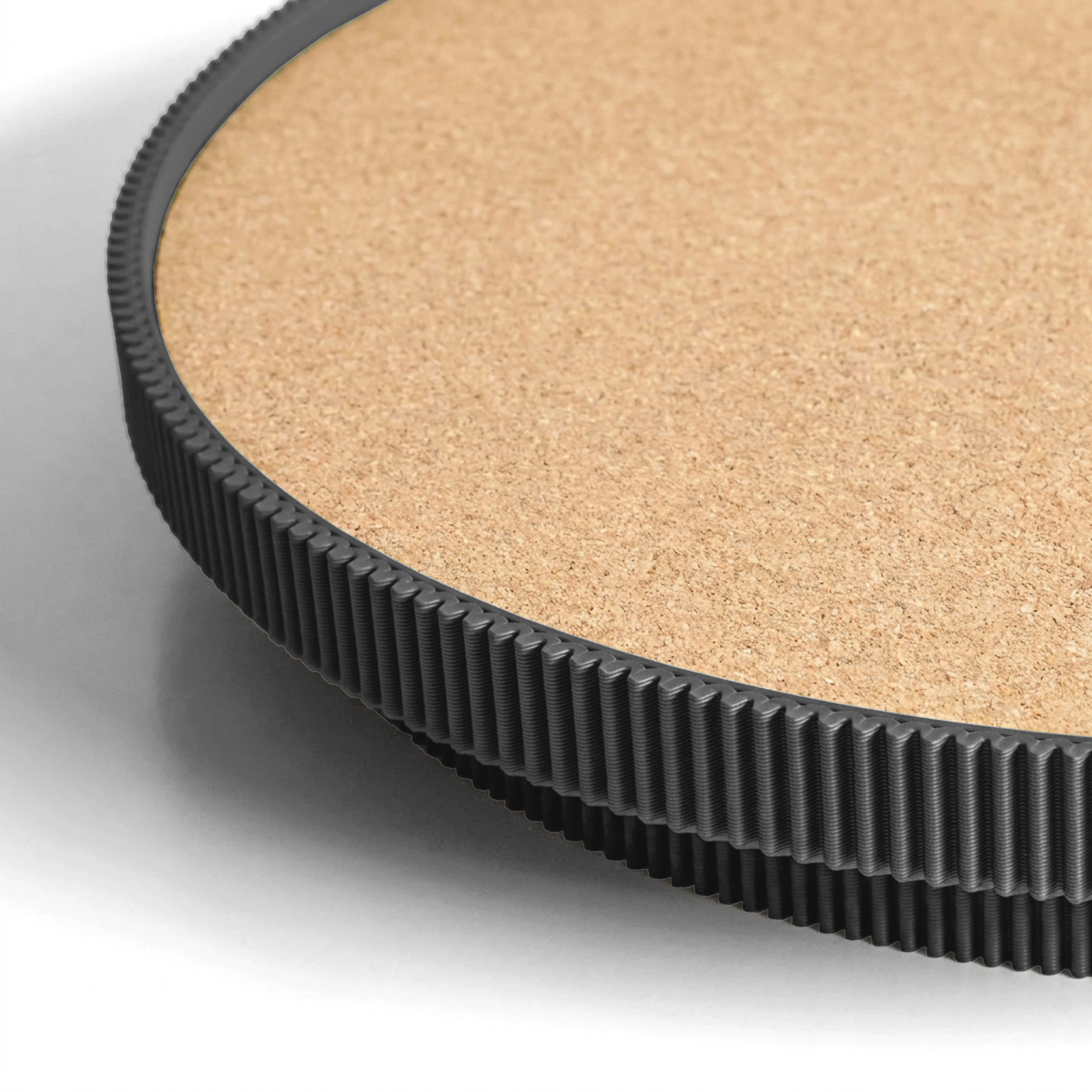 Detail der Korkoberfläche und des gerippten Rands vom runden Deko-Tablett aus dem 3D Druck #farbe_schwarz