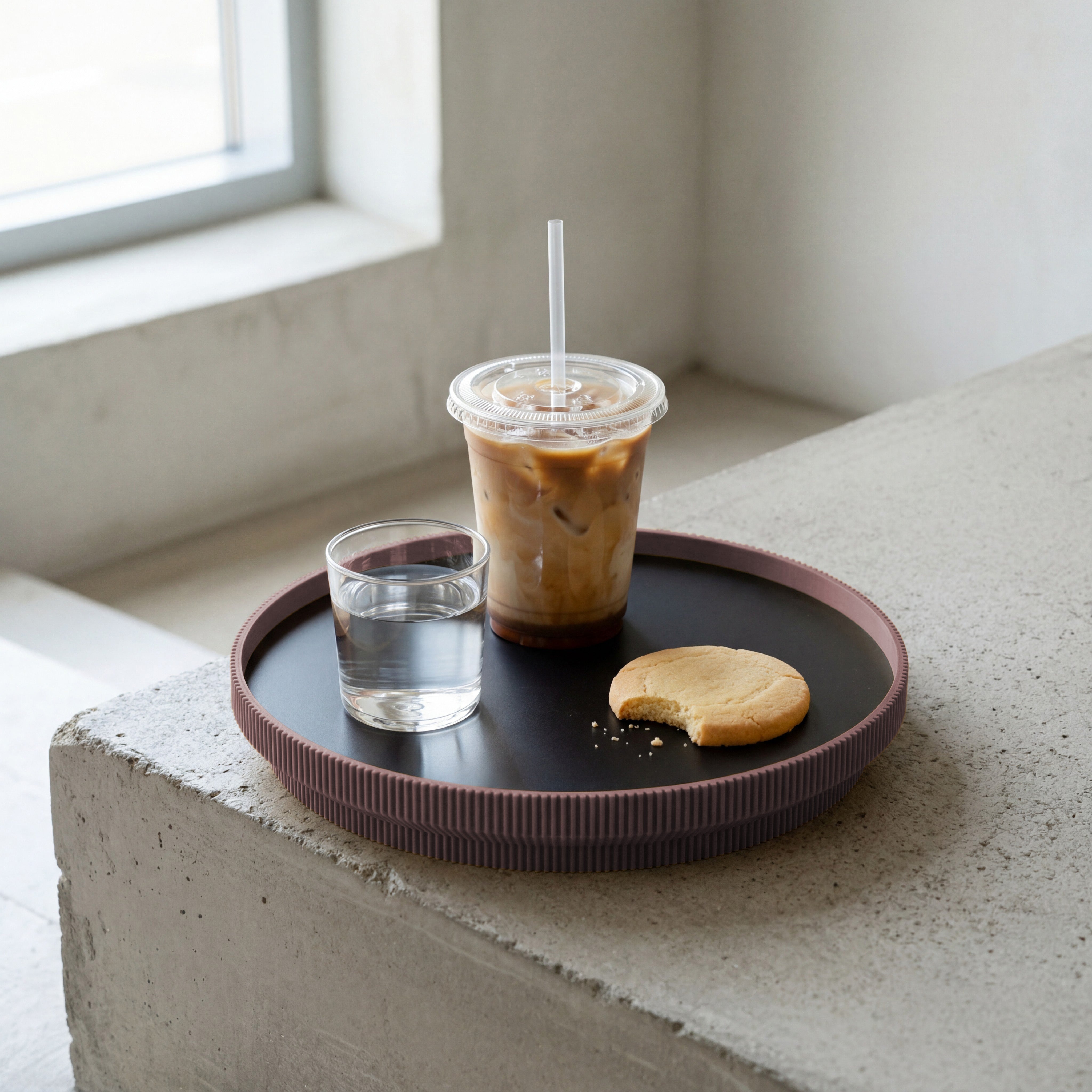 Rundes Deko-Tablett in lila aus dem 3D Druck mit Eiskaffee, Wasserglas und Keks am Fenster #ringfarbe_aschlila