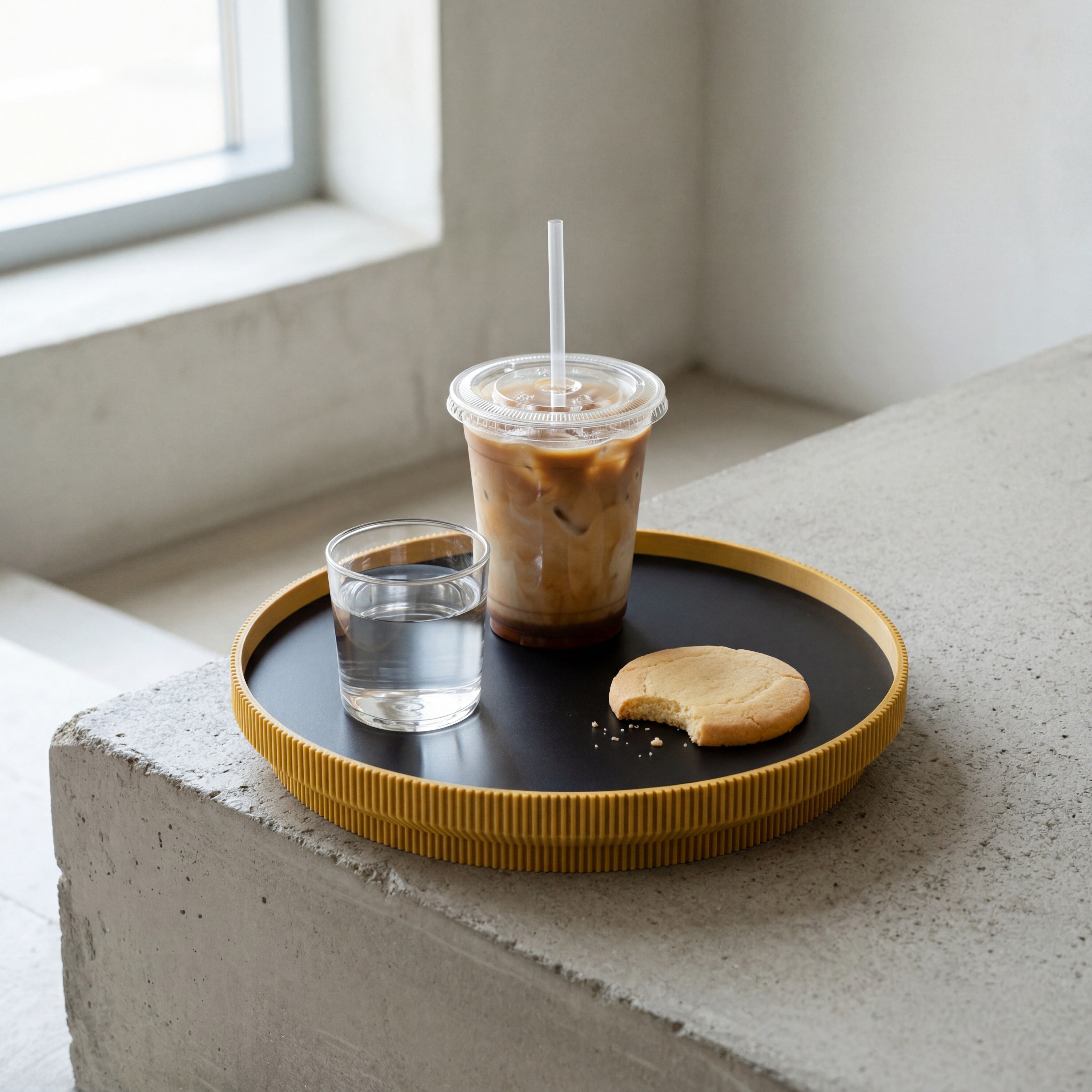 Rundes Deko-Tablett in senfgelb aus dem 3D Druck mit Eiskaffee, Wasserglas und Keks am Fenster #ringfarbe_senfgelb