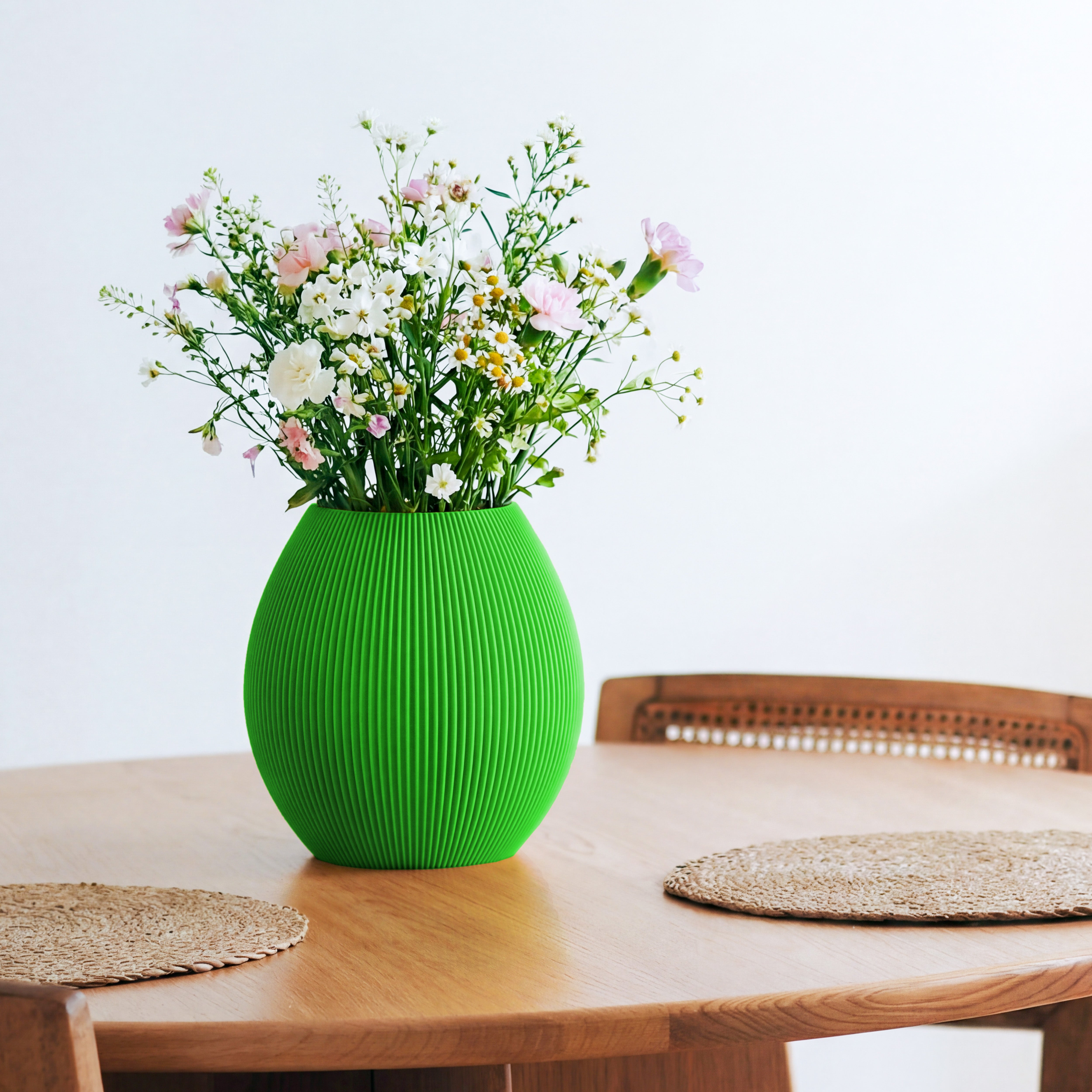 Bauchige Vase Rund in grün mit Wildblumenstrauß auf einem Esstisch aus Holz #farbe_grün