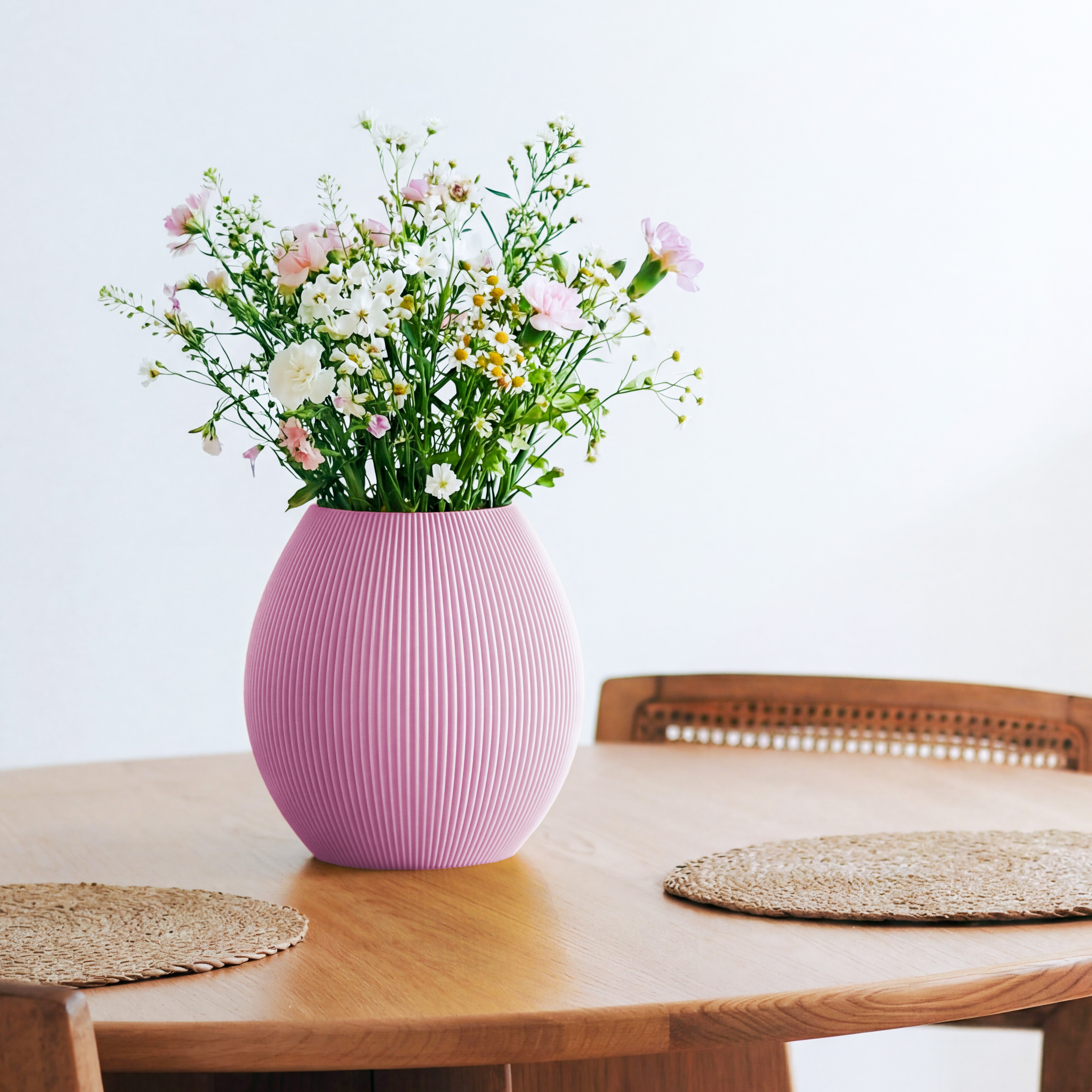 Bauchige Vase Rund in pastellpink mit Wildblumenstrauß auf einem Esstisch aus Holz #farbe_pastellpink