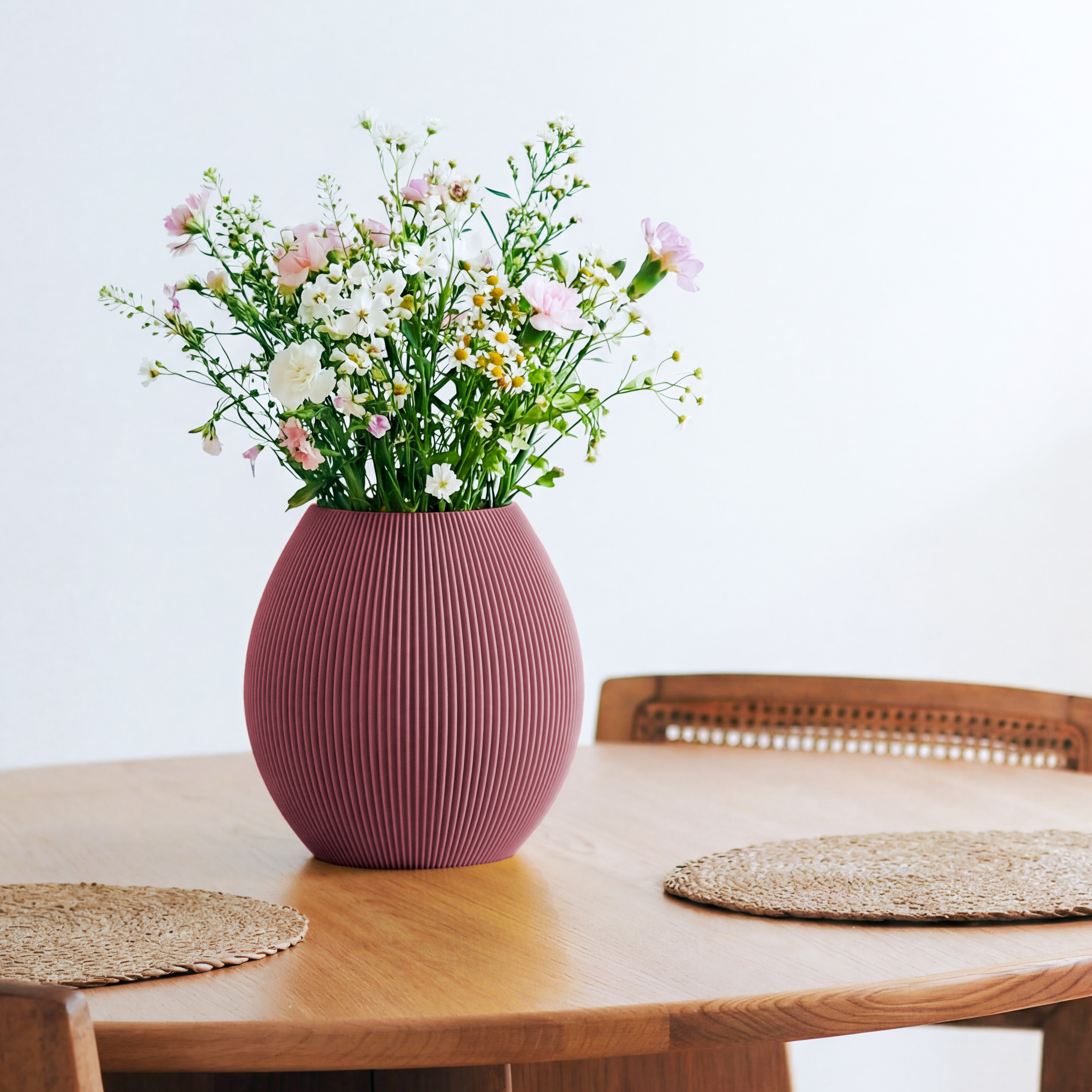 Bauchige Vase Rund in aschlila mit Wildblumenstrauß auf einem Esstisch aus Holz #farbe_aschlila