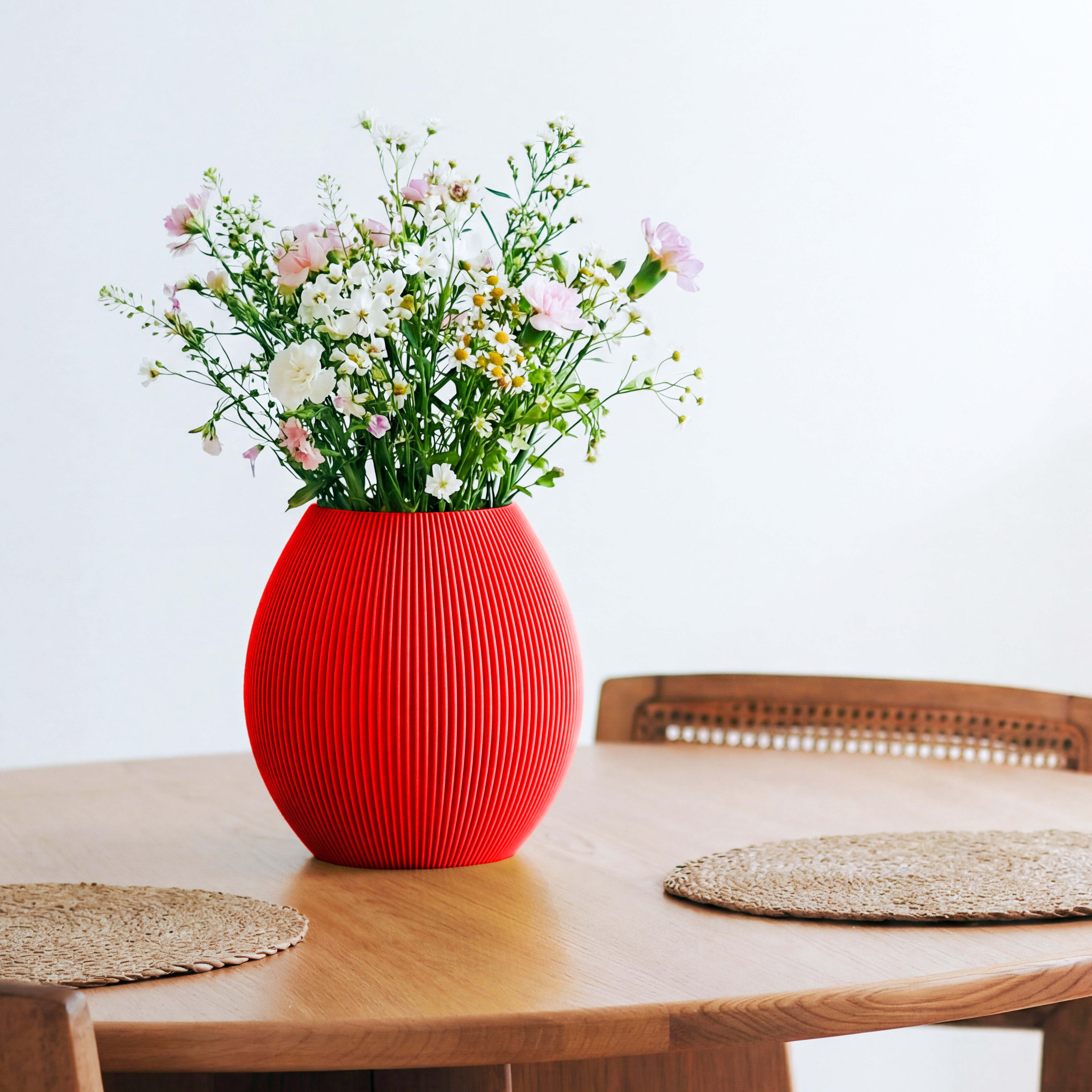 Bauchige Vase Rund in rot mit Wildblumenstrauß auf einem Esstisch aus Holz #farbe_rot
