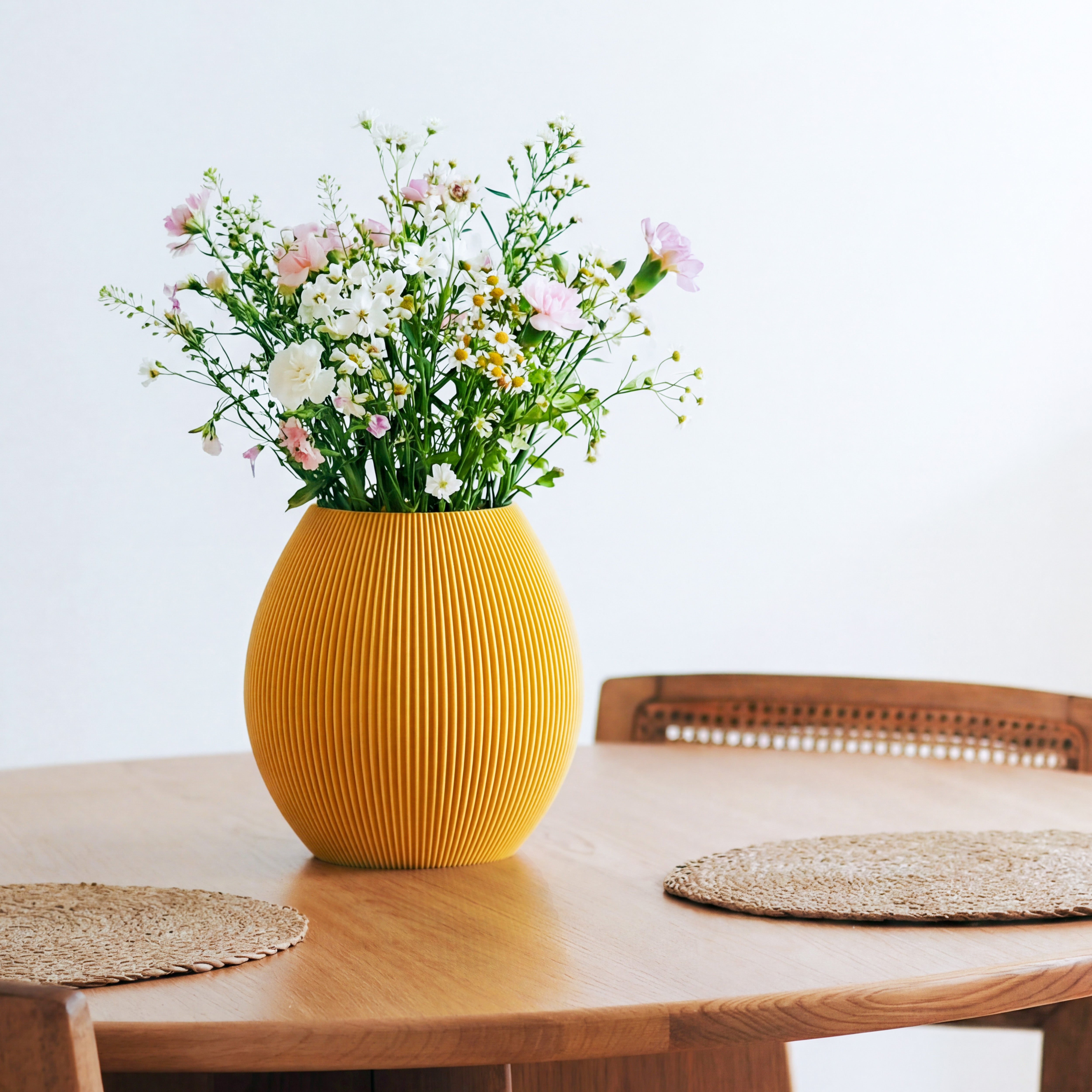 Bauchige Vase Rund in senfgelb mit Wildblumenstrauß auf einem Esstisch aus Holz #farbe_senfgelb