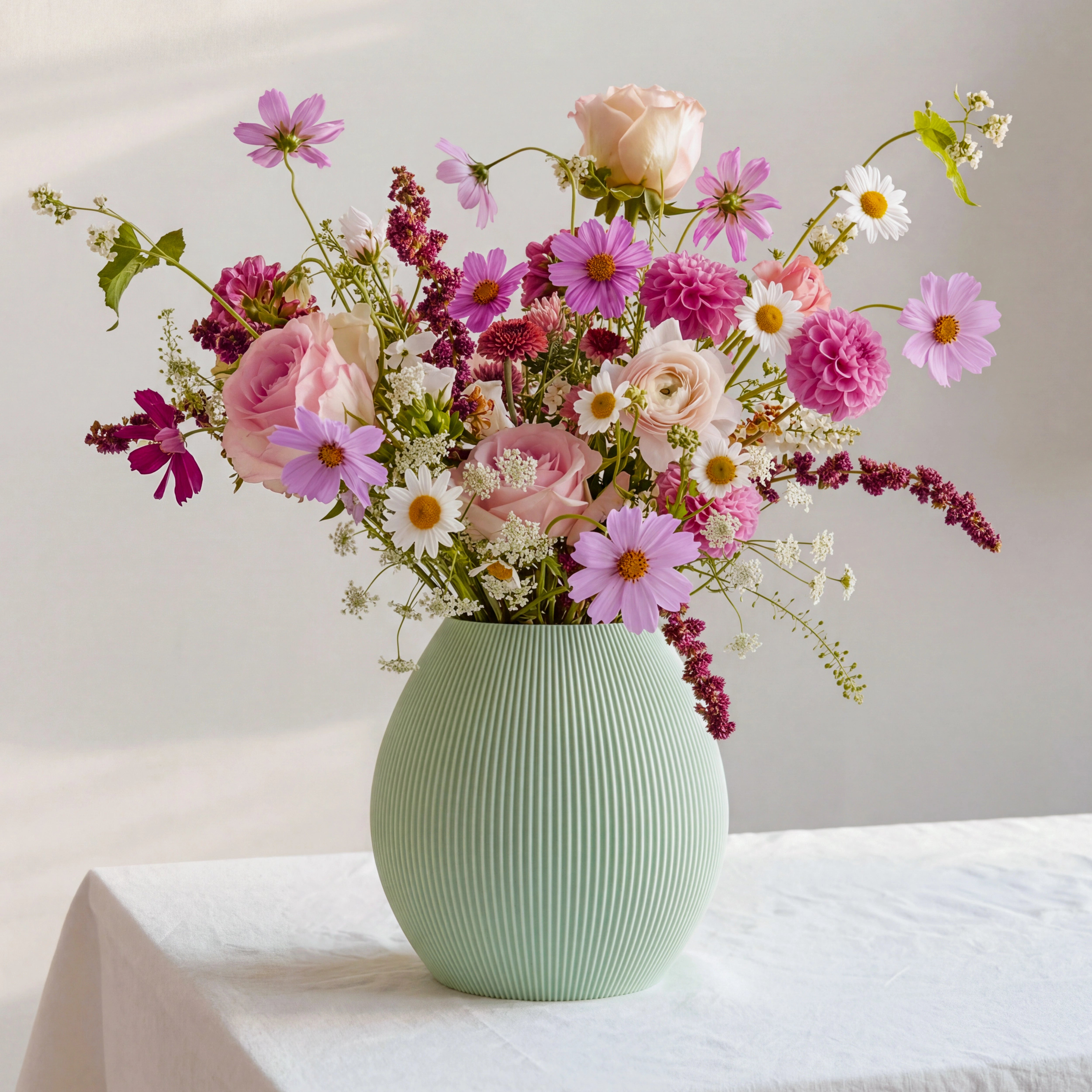 Mintgrüne Vase RUND mit großem Muttertagsstrauß aus Rosen und Cosmeen auf weißer Tischdecke
